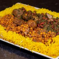 Tahdig (Crispy Rice with Stews on Top) · Crispy and crunchy rice bordered with a thick layer of saffron basmati rice. Choice of addin...