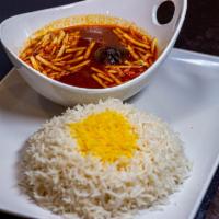 Gheymeh Stew (V) · Yellow split peas slow cooked in a Saffron and tomato sauce with sauteed onions, dried lime,...