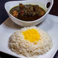 Ghormeh Sabzi Stew (V) · Fresh green herbs sauteed and cooked with kidney beans, sun-dried lime served with Basmati r...