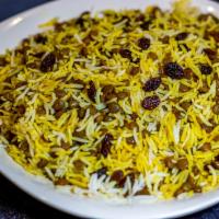 Persian Lentil Rice (Adas Polo)  · Basmati rice mixed with lentils, fried onion, sweet black raisins, and house seasoning.