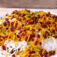 Persian Barberry Rice (Zereshk Polo)  · Basmati rice mixed with Barberries and house seasoning.