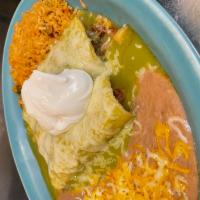 Enchilada Suiza · 2 pieces of corn tortillas stuffed with your choice of filling, topped with a delicious gree...
