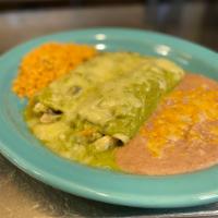 Enchiladas A Los Cabos · Shrimp sauteed with mushrooms, covered with serrano sauce and topped with Monterey Jack chee...