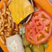 Cheeseburger American Dishes · With french fries.