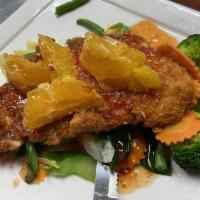 Orange Chicken · Crispy chicken cutlet with steamed mix vegetable, fresh orange and sweet chili sauce,
side o...