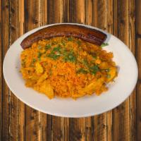 Arroz con Pollo · Yellow Rice mixed with chicken, vegetables and fried sweet plantain