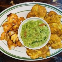 Guacamole Salinas · Guacamole con tostones & camarones a la parrilla. 
Fried green plantain, Grilled Shimps and ...