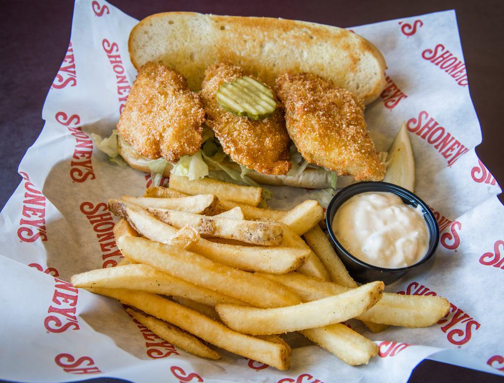 Shoney's Fish Sandwich · Codfish filets, hand-breaded in our homemade bread crumbs and lightly fried. Served on a toasted hoagie with lettuce and tartar sauce. Shoney's signature item. Includes french fries.