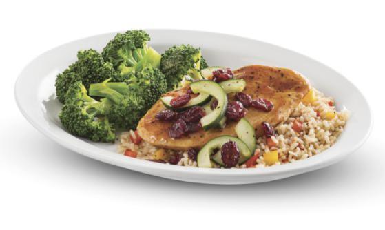 Grilled Chicken with Cucumber and Cranberry Relish · Grilled, fresh chicken breast smothered in a cucumber and cranberry relish. Served with your choice of two sides.
