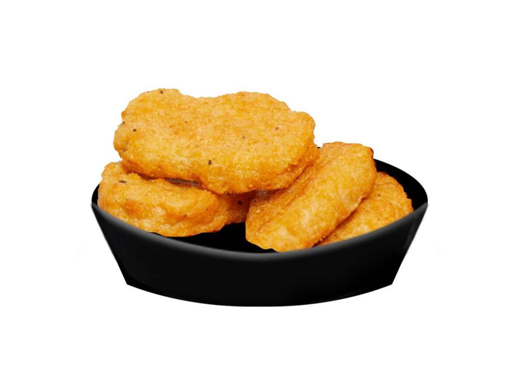 Plant Chicken Nuggs (4 Pieces) · Featuring breadcrumbs, wheat flour, wheat protein, soy protein, rice flour, sunflower oil, yeast, corn flour, sugar, corn starch, potato starch and spices. Served with your choice of ketchup or mustard!