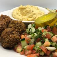 Mediterranean (P)(VG)(GF optional) · Falafel, israeli salad, pita, hummus, pickles, and tabbouleh.
Parve and Vegan.