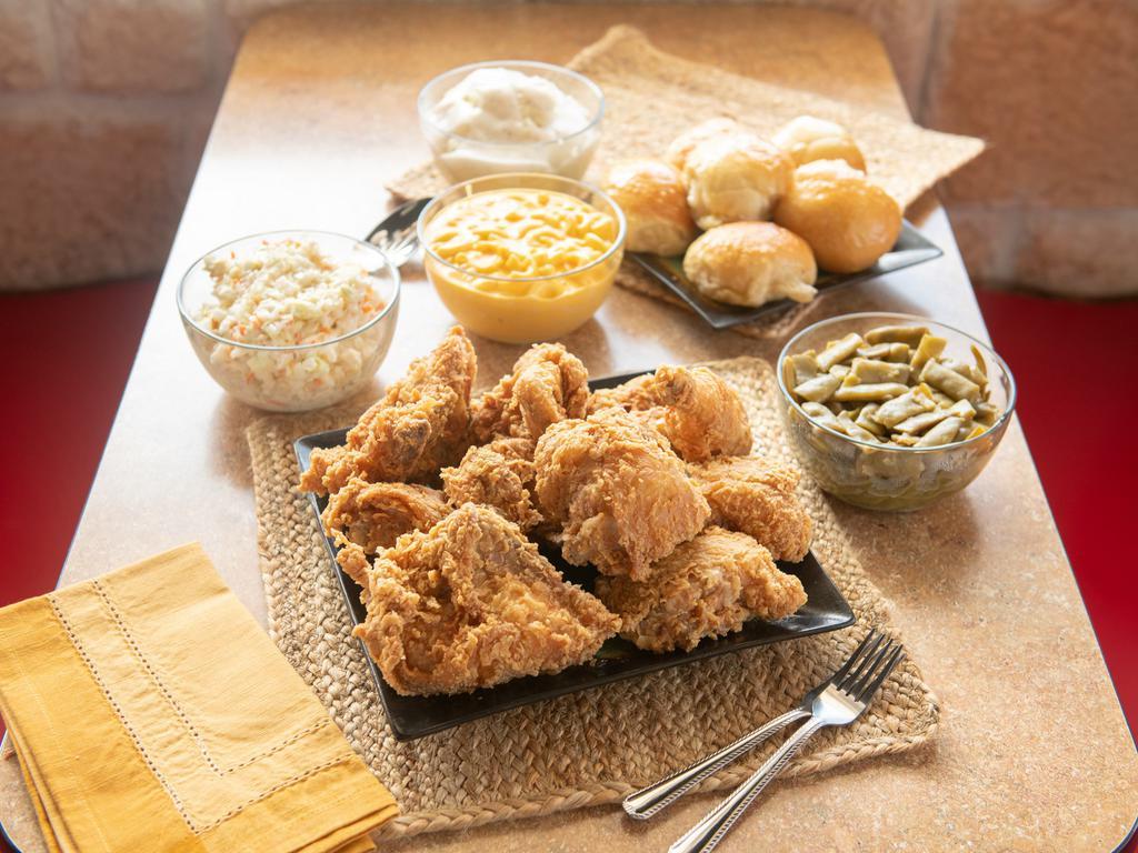 16 Pieces Fried Chicken Family Meal · Served with 3 large sides and 6 pieces of rolls or biscuits.
