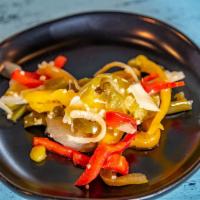 Peppers & Onions · Onions, Green, Yellow, & Red Bell Peppers sauteed with a little garlic 