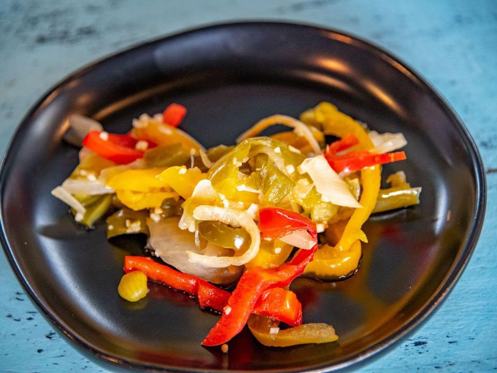 Peppers & Onions · Onions, Green, Yellow, & Red Bell Peppers sauteed with a little garlic 