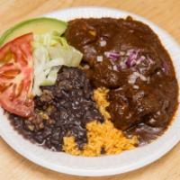 Mole Poblano Plato · Served with rice and beans or salad and tortillas.