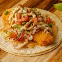 Off-The-Hook · Fried shrimp or tilapia, cabbage slaw and pico de gallo drizzled with chipotle aioli on two ...