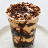 PB brownie trifle · Layers of fudge brownie and silky peanut butter mousse with drizzles of chocolate ganache