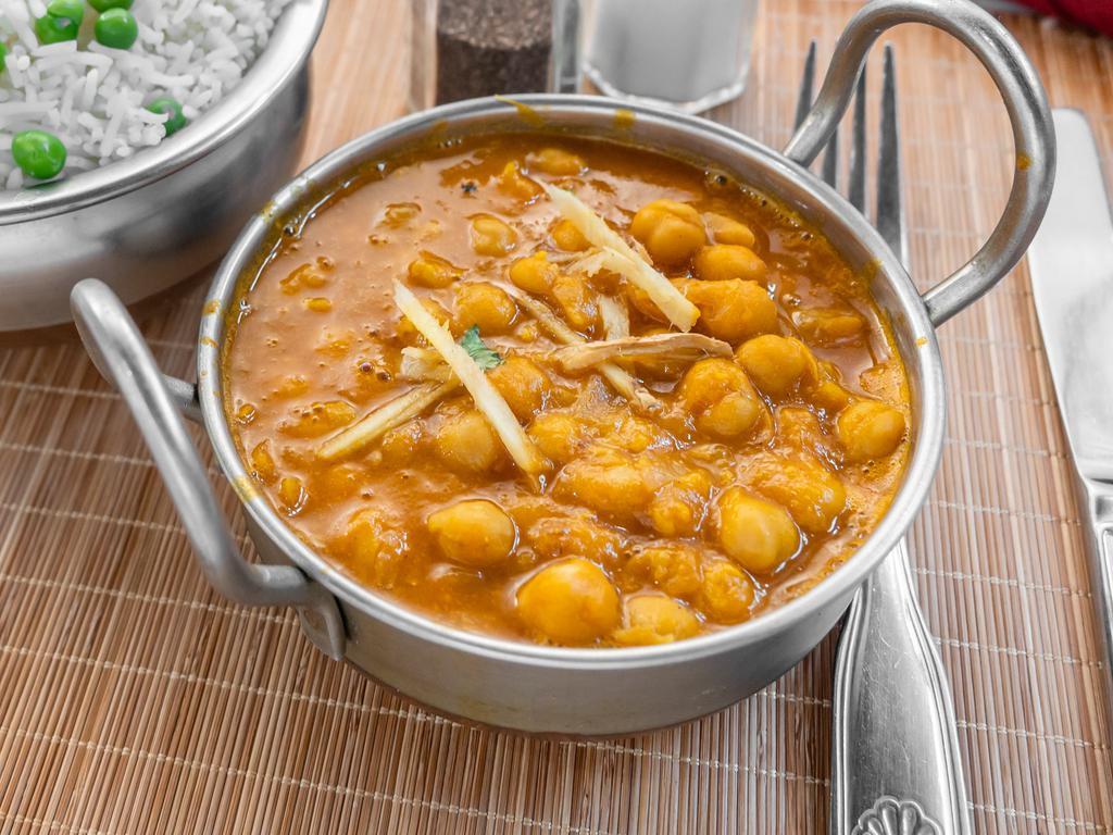 Chana Masala · Chickpeas (garbanzo beans) cooked in a special blend of traditional spices.