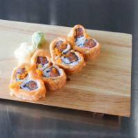 Salmon Lover Roll · Salmon inside and spicy salmon on top.(Raw)