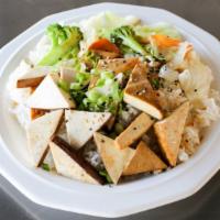 Tofu Teriyaki · Served with steamed rice and mixed vegetables.