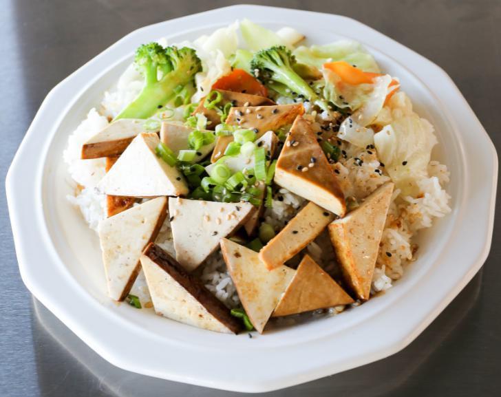 Tofu Teriyaki · Served with steamed rice and mixed vegetables.