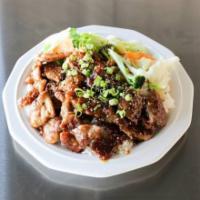 Chicken and Beef Teriyaki · Served with steamed rice and mixed vegetables.