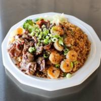 Beef and Shrimp Teriyaki · Served with steamed mushrooms rice and mixed vegetables.