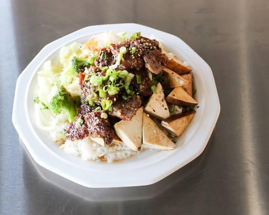 Beef and Tofu Teriyaki · Served with steamed rice and mixed vegetables.
