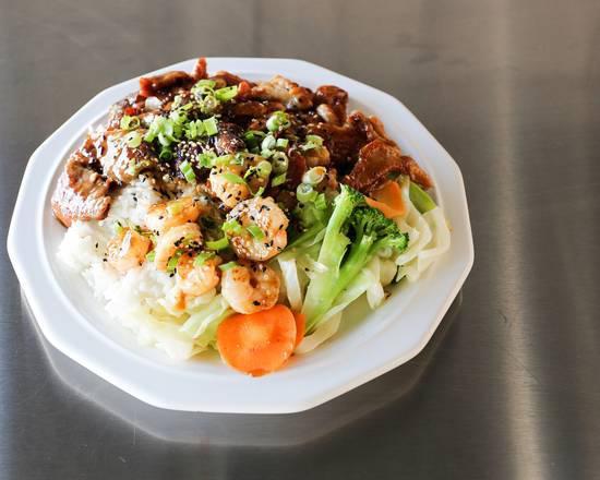 Chicken, Beef, and Shrimp Teriyaki · Served with steamed rice and mixed vegetables.