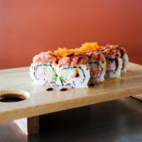 Volcano Roll · Shrimp tempura inside and spicy tuna on top.& spicy mayo sauce on top