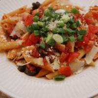 9. Positively Penne Puttanesca · Delicious crushed tomatoes, Neopolitan spices with capers and sliced black olives.