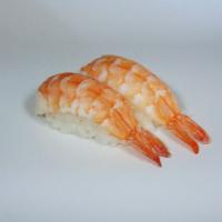 Ebi Shrimp Nigiri · Sushi laid top of rice.