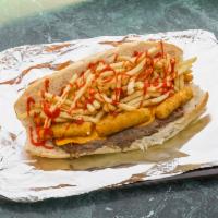 Fat Boy Sandwich · Cheesesteak, french fries, mozzarella sticks, chicken fingers, mayo and ketchup.