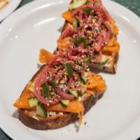 Smoked Salmon Toast	 · Creme fraiche, red onion, capers, cucumber, fresh dill, everything spice. Add soft-boiled eg...
