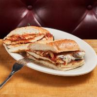 Chicken Parmesan Sandwich · Fried chicken, melted mozzarella, tomato sauce on a garlic club roll. Add fries for a small ...