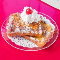 French Toast · sliced bread soaked in beaten eggs and typically milk, then pan fried. 