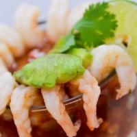 Shrimp Cocktail · Boiled shrimp with avocado, lime juice, tomatoes, onions, jalapeno peppers, cilantro and hom...