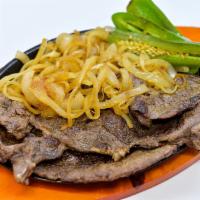 Carne Asada · Grilled sirloin steak, onions and jalapeno pepper. Served with rice, refried beans and torti...