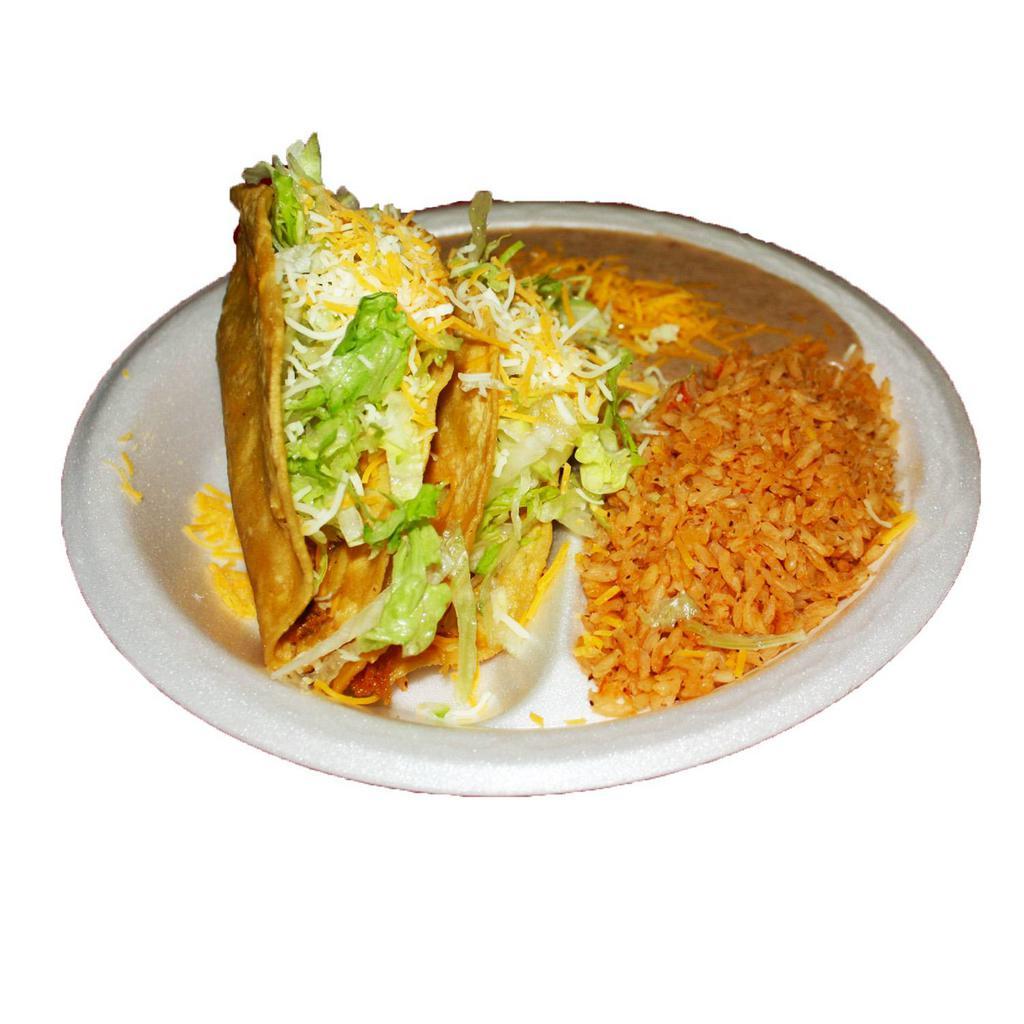 2 Hard Shell Tacos Combo Plate · 2 hard shell tacos, choice of shredded beef, ground beef, or chicken, served with rice and beans.