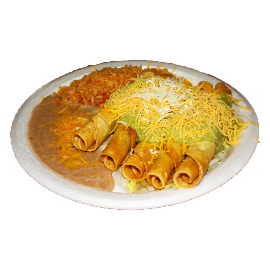 5 Rolled Tacos Combo Plate · 5 rolled taquitos choice of beef or chicken, topped with sour cream, guac and shredded cheese. Served with rice and beans.