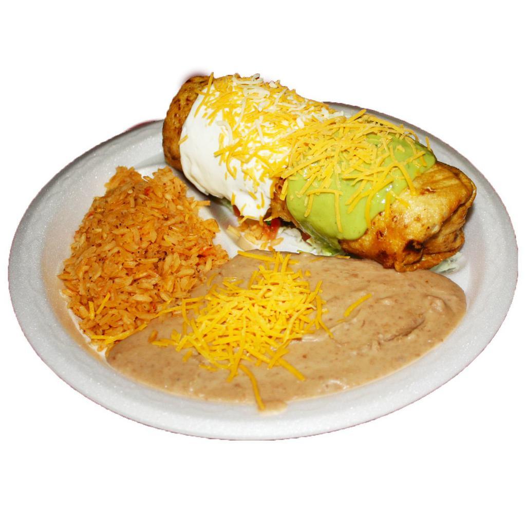 Chimichanga Combo Plate · Chimichanga (any meat) topped with sour cream, guac and shredded cheese. Served with rice and beans.