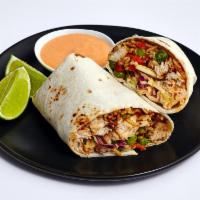 Burrito · Choice of meat: chicken, carnitas, pastor, beef. Rice, beans, cheese, onions, cilantro, lett...