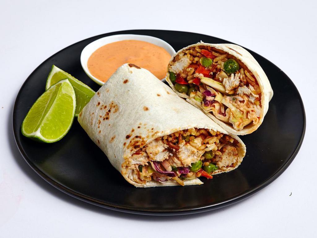 Burrito · Choice of meat: chicken, carnitas, pastor, beef. Rice, beans, cheese, onions, cilantro, lettuce, and sour cream.