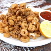 Calamari · Fresh calamari lightly coated with seasoned flour and served with our spicy marinara sauce.
