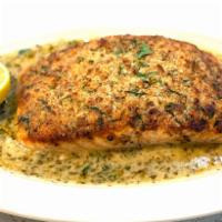 Salmon Oregeneta · 22 oz. salmon baked in clam juice and homemade garlic butter, topped with our house made bre...