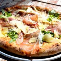 Bklyn Mafia Pizza · Fior di latte, arugula, prosciutto di parma (dry cured ham), shaved Parmigiano and truffle o...