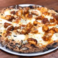 Buffalo Chicken Pizza · Fior Di Latte, Parmesan, Blue Cheese topped with homemade Buffalo marinated Chicken. 