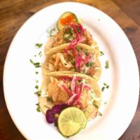 Tacos de Pescado (gluten free) · 3 fried cod tacos, pico de gallo, radish, our special chipotle aioli, fresh cilantro.