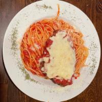 Chicken Parmigiana Dinner · Breaded chicken breast baked with tomato sauce and topped with mozzarella, served with spagh...