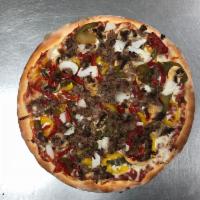 Steak Pizza · Shaved steak, sweet peppers, mushrooms, onions, mozzarella.